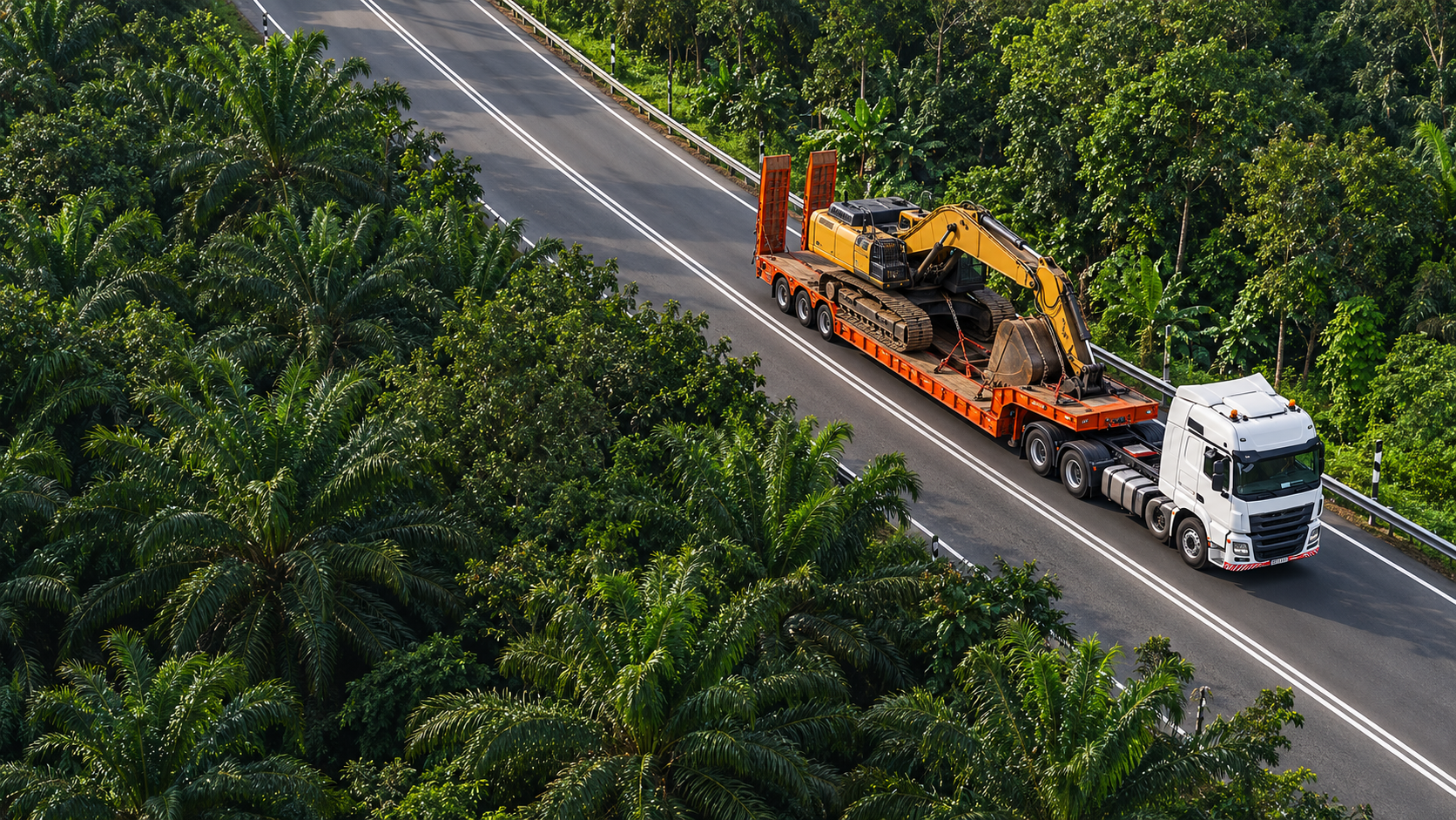 AI-edited illustration of a heavy truck carrying an excavator on a Malaysian-style tropical highway